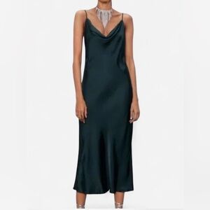 Zara Forest Green Satin Midi Slip Dress